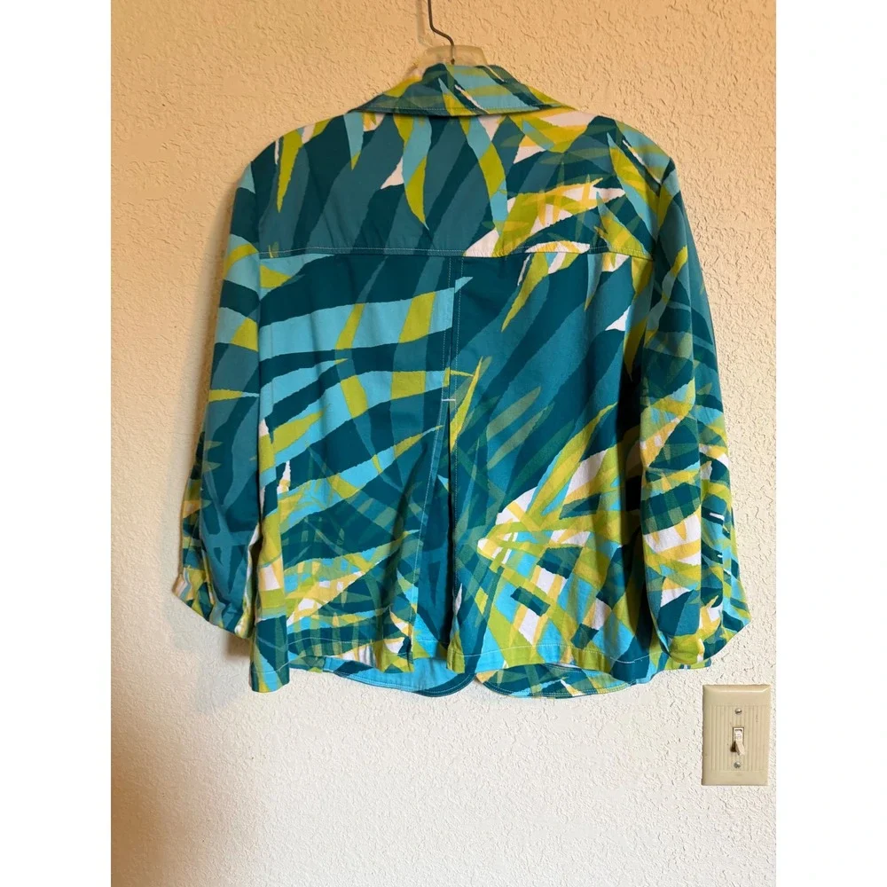 Tribal Women Teal Green Tropical Palm Print Stretch Cotton Blazer Jacket Size 10